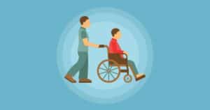 vector of caregiver pushing man in wheelchair