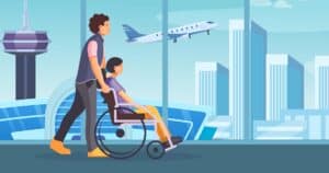 vector of caregiver pushing woman in wheelchair in airport